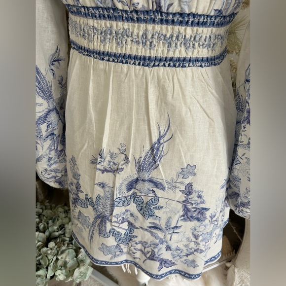 NWOT Caroline Constas Blue & White linen blend Tie Front Bell Sleeve Mini Dress - Picture 11 of 16